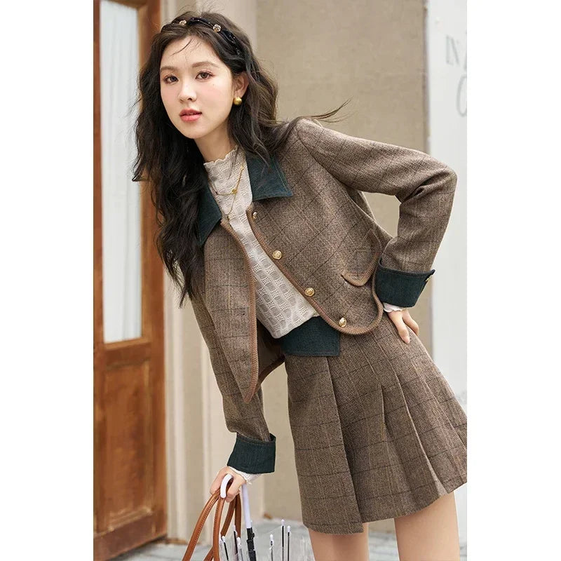 MISHOW Fashion Retro Plaid Coat Half pleated Skirt Separately 2024 Autumn Wool Jacket Retro Skirt Office Lady MXC47W0154