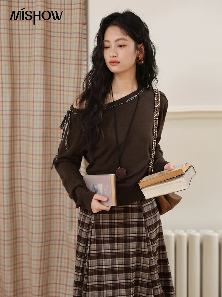 MISHOW Slant Shoulder Knitted Top for Women Autumn 2025 Drak Brown Plaid Strap Design Tops Casual Knitted Base Top MXE45T1402