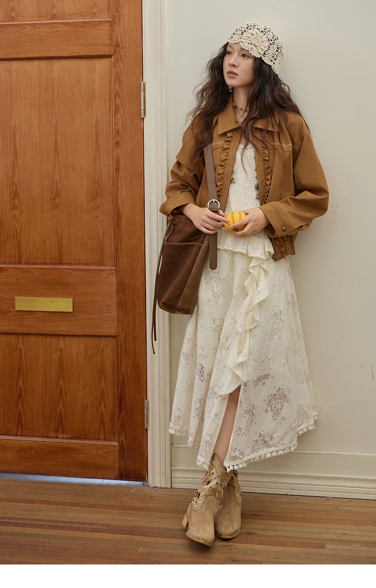 MISHOW Bohemian Apricot Lace Camisole Inner Dress Autumn Irregular Ruffle Tassel Hem Dresses Front Side Fork Dress MXE43L2449