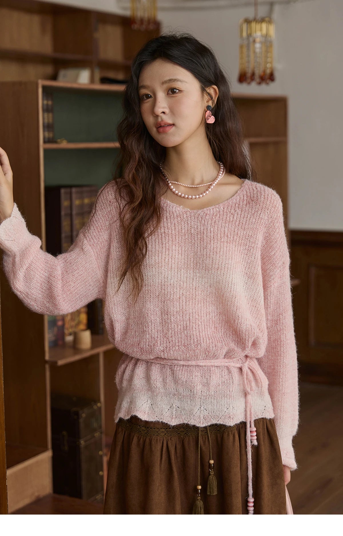MISHOW Women's Pink Gradient Knitted Top 2025 Autumn French Wool Blend Ribbed Cuff Long Sleeve Tops with Knitted Rope MXE43Z1334