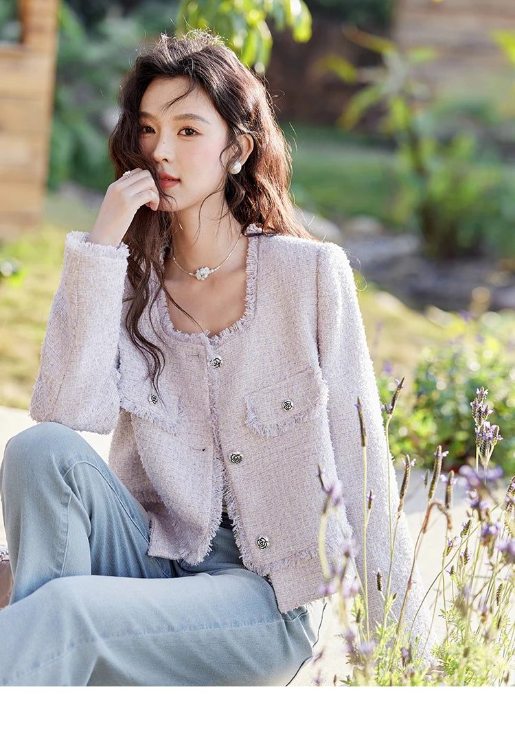 MISHOW Tassel Fragrant Coat for Women 2025 Spring Rose Buckle Weave Short Coats Elegant Square Neck Straight Coats MXE13W0733