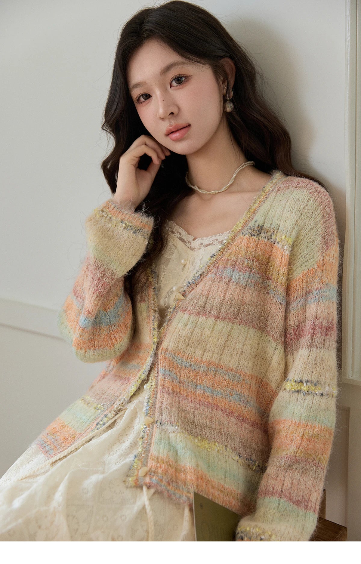 MISHOW Women's Gradient Striped Knit Cardigan 2026 Spring V Neck Single Breasted Casual Thin Soft Rainbow Sweater MXF13Z3019