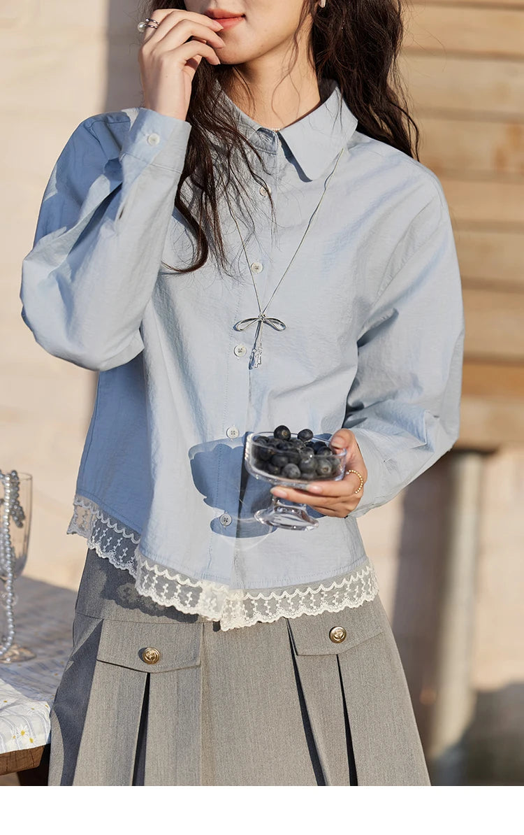 MISHOW Women's 100 Cotton Blue Shirt Spring 2025 Hem Lace Shirt Lapel Collar Commute Top Casual Solid Loose Shirts MXE12C0410