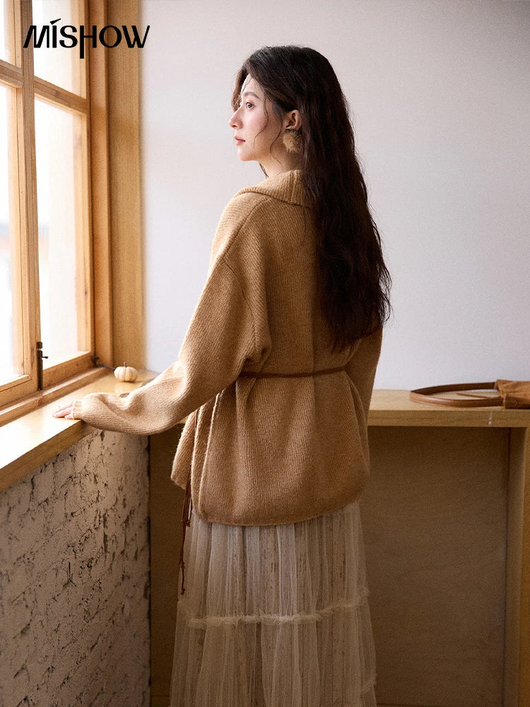 MISHOW Women's Orange Sweater 2025 Winter French Style Luxury Loose Long-sleeved Sweater Vest Belt Three-piece Set  MXE86T1437