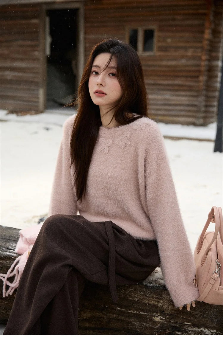 MISHOW Long Sleeve Sweaters 2025 Winter Elegant Loose Handmade Crochet Bowknot Sweater Women's Casual Knitted Top MXE87Z2679