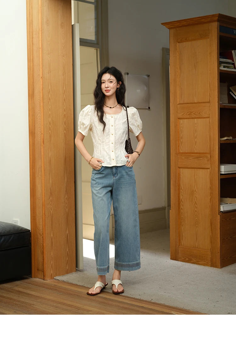 MISHOW Embroidery Cotton Shirt for Women 2025 Summer Fashion French Style Puff Sleeve Button Shirt Women's Clothing MXE39X1979