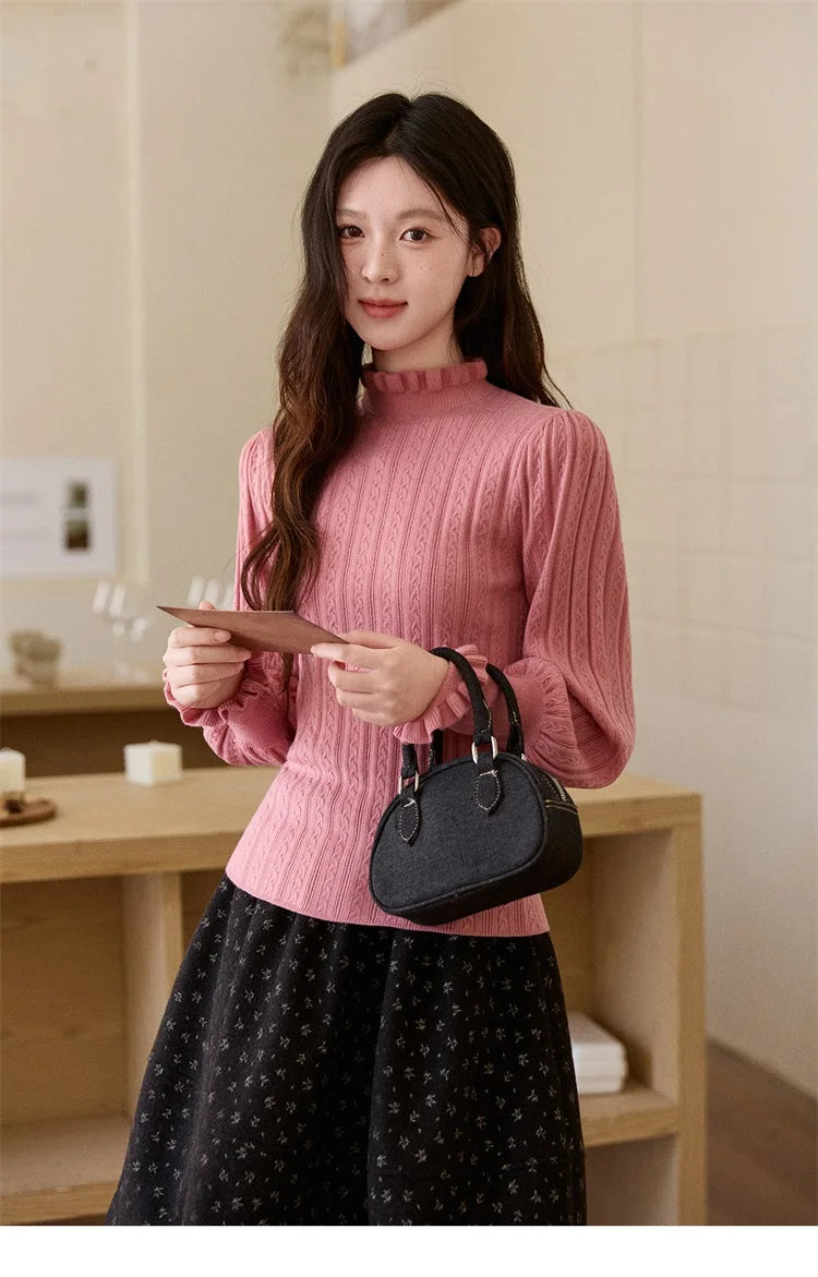 MISHOW Women's Half Turtleneck Ruffle Trim Lantern Sleeve Bottoming Tops 2025 Winter Vertical Rib Slim Knitted Top MXE93Z2810