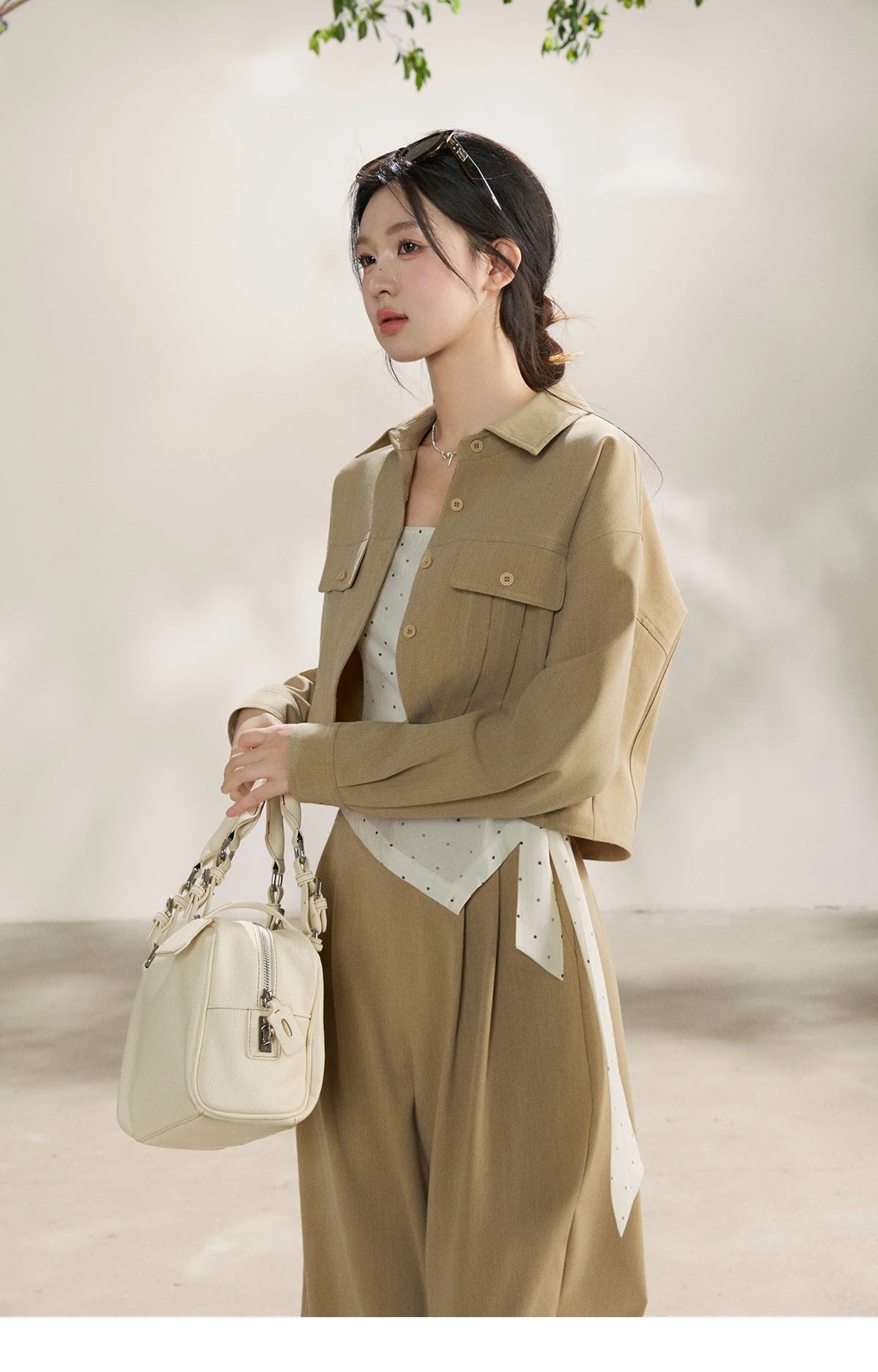 MISHOW Women's Khaki Three-Piece Set Spring Cropped Lapel Short Jacket Irregular Polka Dot Vest Wide Leg Pants Set MXF13T1478