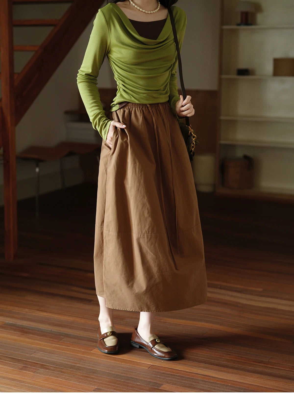 MISHOW Autumn Brown Cotton Bud Skirt 2025 Autumn Elastic Drawstring High Waist Slim A-line Casual Skirt with Pocket MXE41B2367