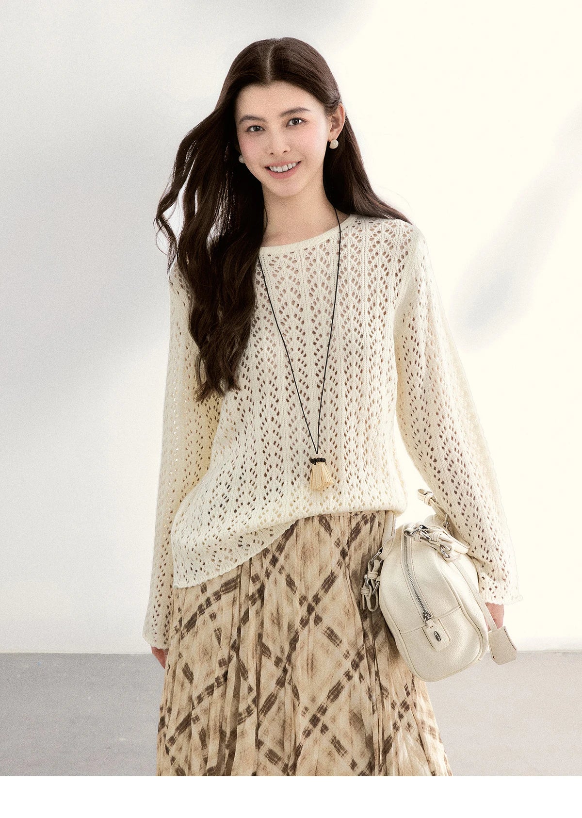 MISHOW Women's Hollow Out Knit Tops 2026 Spring Crew Neck Long Sleeve Tops Loose Casual Soft Breathable Beige Sweater MXF13Z3017