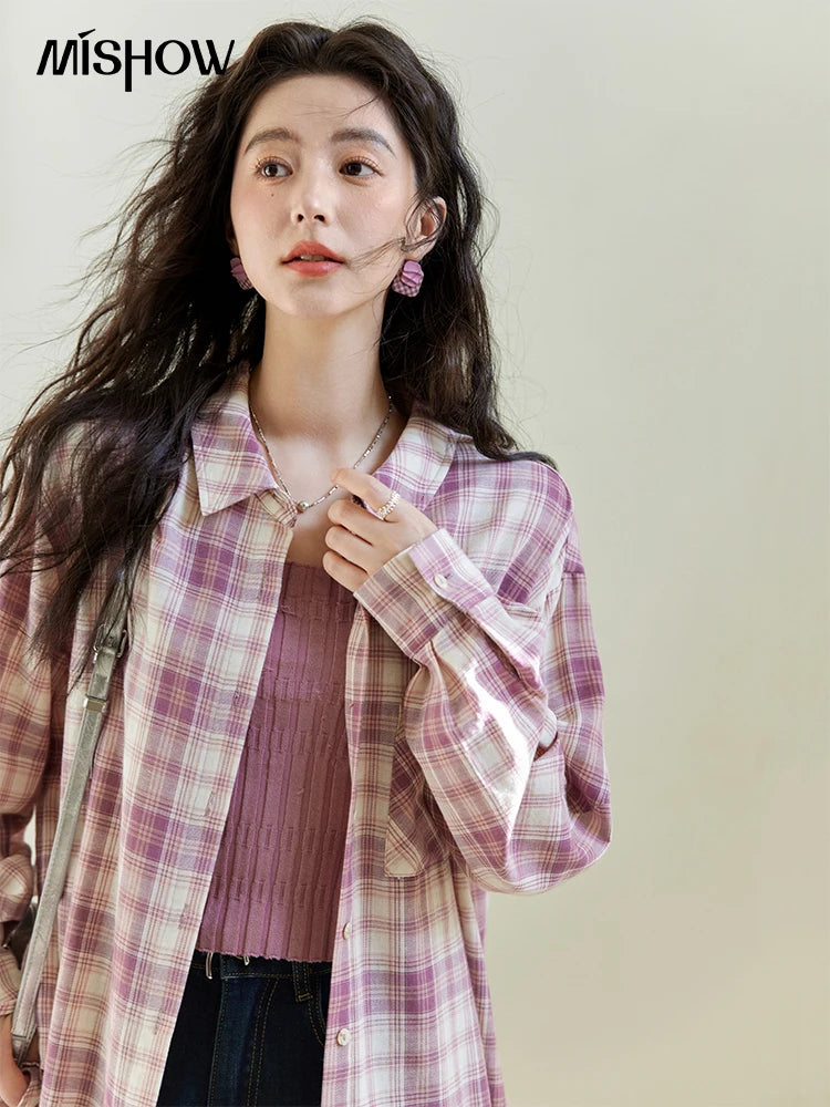 MISHOW Women's 100 Cotton Long-sleeve Purple Plaid Shirt Spring 2025 Loose Pockets Casual Shirts Korean Polo Neck Top MXE14C0417