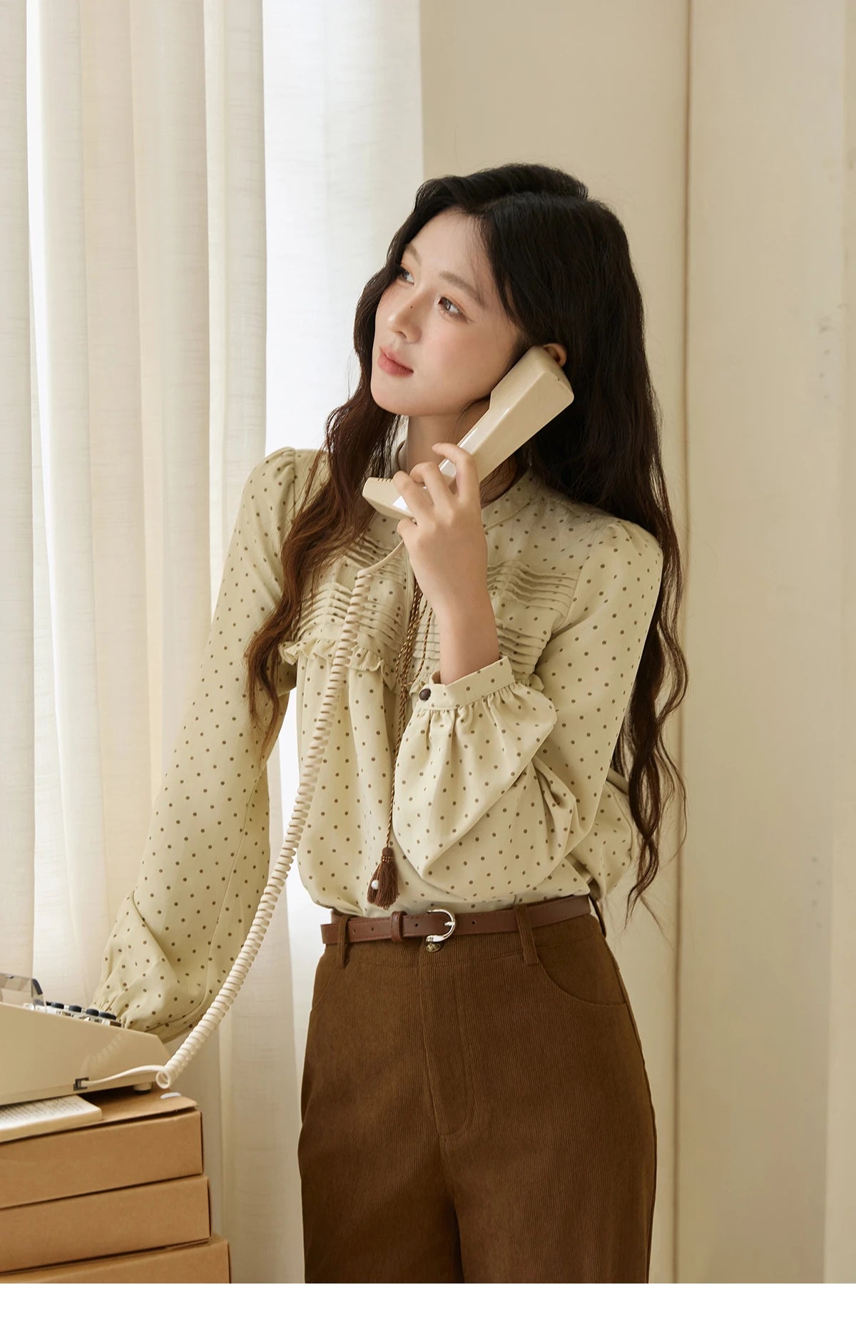 MISHOW Women's Polka Dot Ruffled Shirt 2025 Autumn Vintage Tie Tassel Round Neck Long-Sleeve Top Loose Casual Blouse MXE45X2477