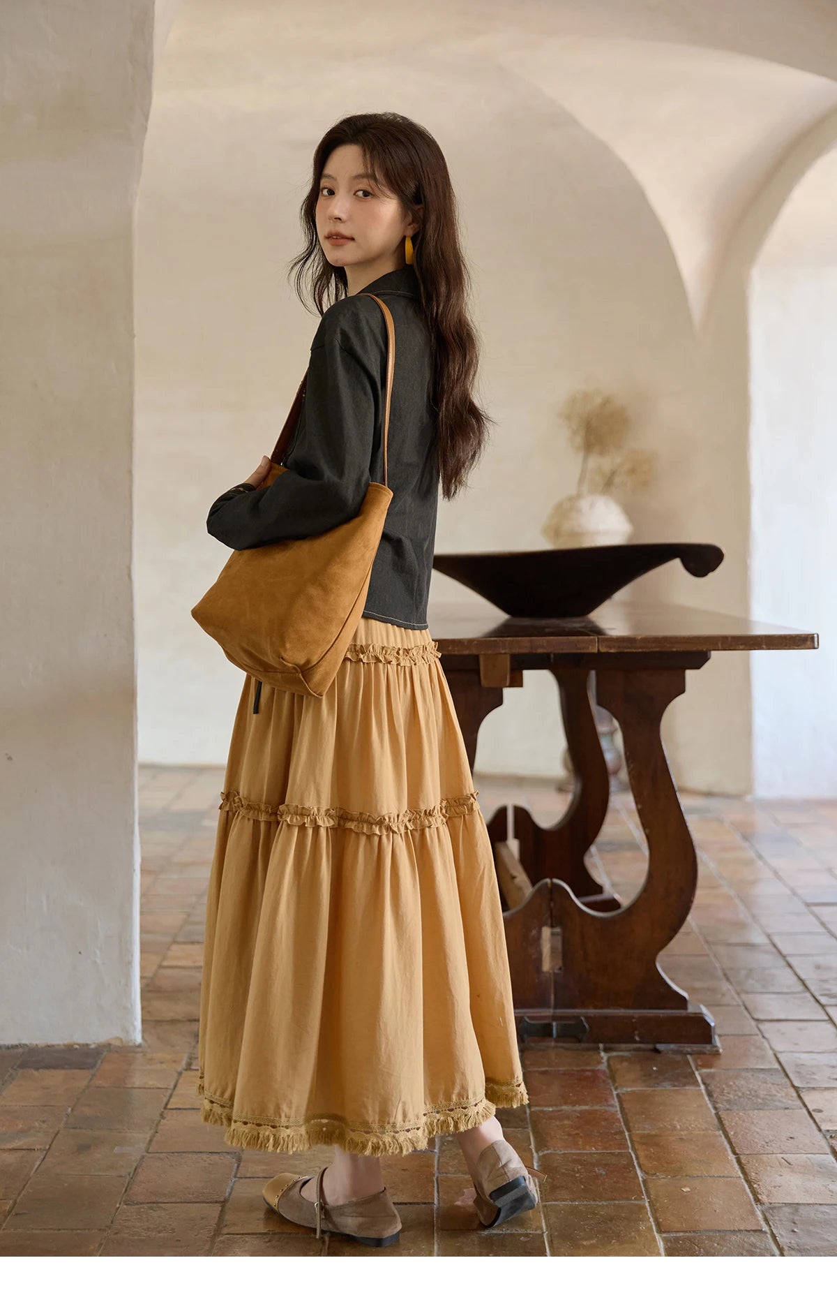 MISHOW Black Imitation Denim Shirt Side Lace-Up Lapel V-Neck MXE42C2374