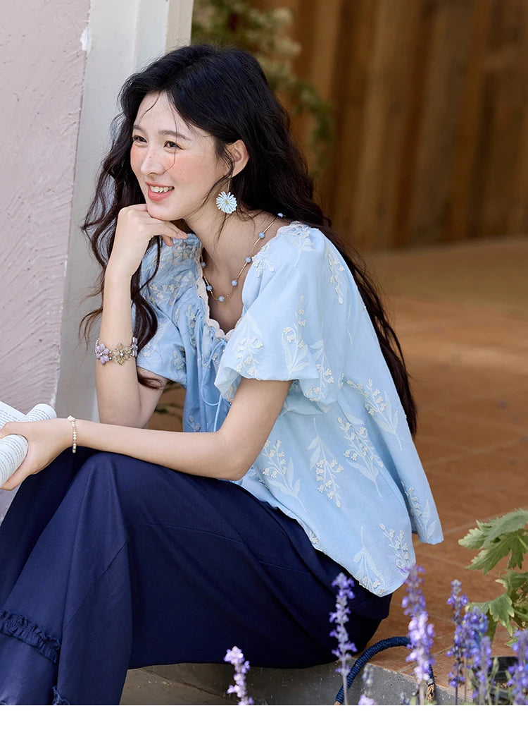 MISHOW Blue Pure Cotton Embroidered Blouses 2025 Summer Wave Edged O-neck Tops Contrasting Lace Up Loose Doll Blouses MXE35X1791