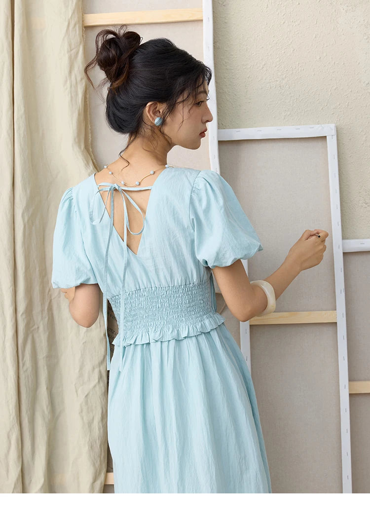 MISHOW French Summer Dresses Women 2025 New Short Puff Sleeve V-neck Solid Cotton Blended Dress Female Slimming MXE34L2288