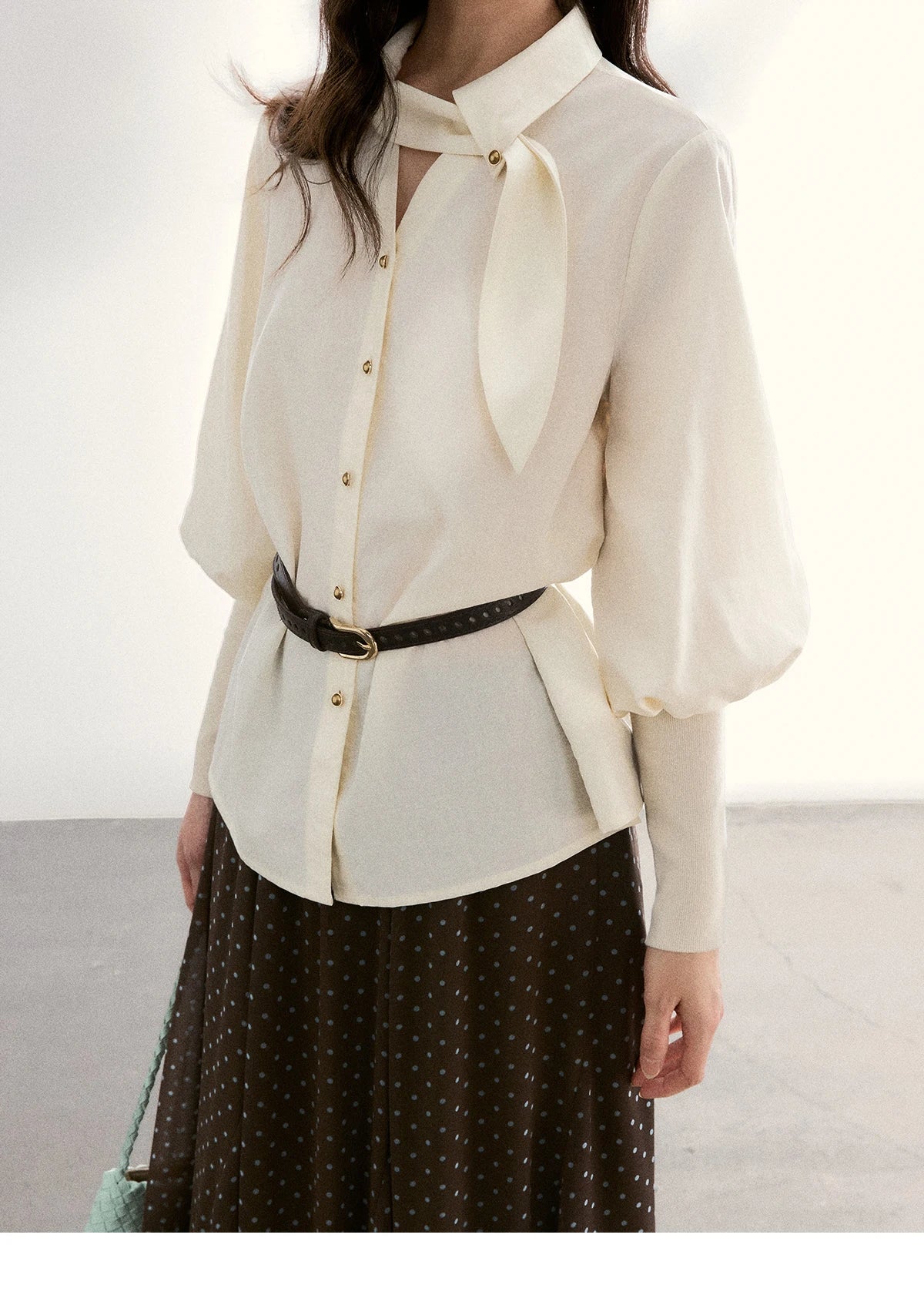 MISHOW Women's Tie Neck Shirts Spring Hollow-out Knitted Patchwork Puff Sleeve Tops Casual Elegant Shirt Office Lady MXF108C0812