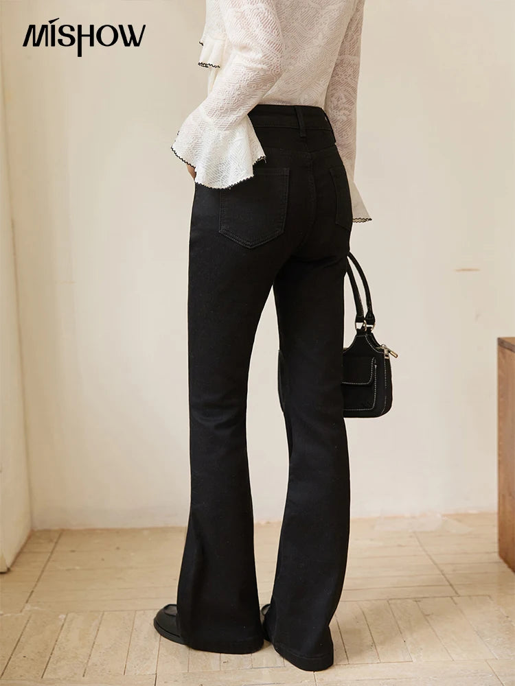 MISHOW Black Jeans for Women 2025 Winter New Vintage High Waist Elastic Flared Pants Commute Casual Slim Trousers MXE51K1098