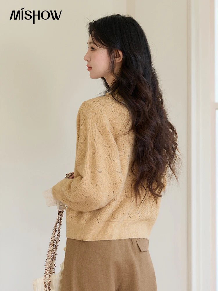 MISHOW Women's Solid Hollow-out Knit Thin Cardigan 2026 Spring V-Neck Bobble Knit tops Casual Loose Knitted Sweater MXF108Z1020