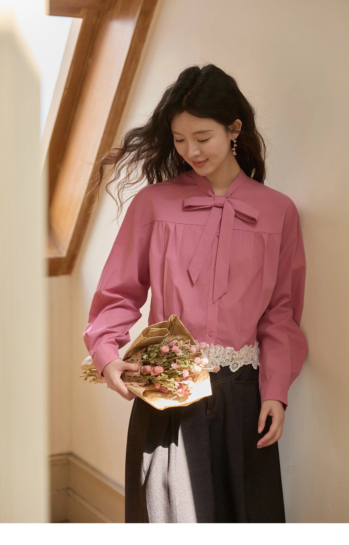 MISHOW Women's Rose Red Stand Collar Shirt 2025 Autumn Bow Tie Hem Splicing Lace Tops Elegant Shirts Office Lady MXE43C2380