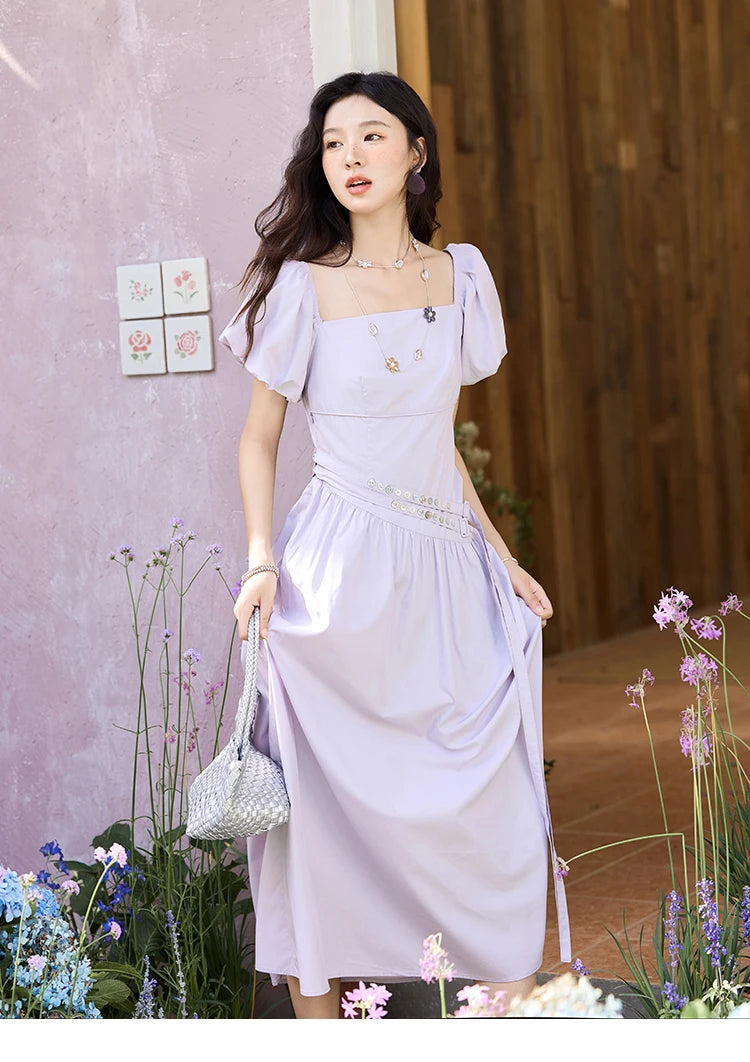 MISHOW French Purple Dresses Women Summer 2025 Solid Short Puff Sleeve Square Neck Slimming Dress Woman New Fashion MXE34L2222