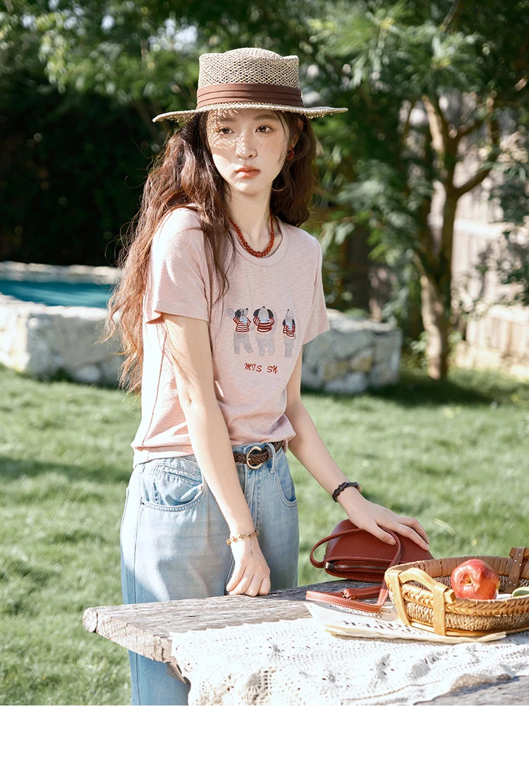 MISHOW Short Sleeve Little Bear Print T-shirt for Women 2025 Summer New O-Neck Embroidery Top Versatile Loose Tee MXE39T0699