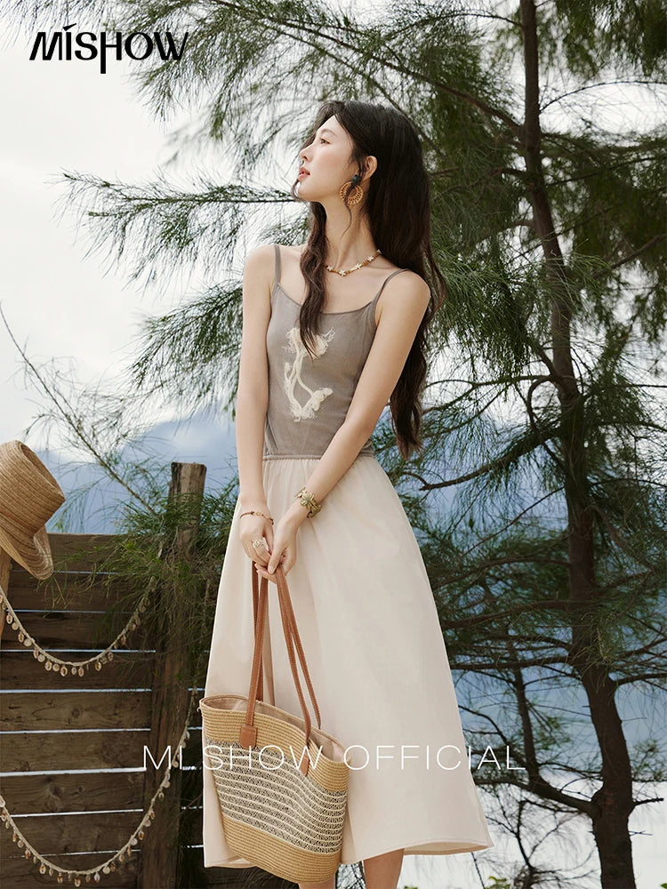 MISHOW Summer New Camisole Long Dresses Women 2025 Sleeveless Color Matching French Knit Dress Lady Fashion A-line MXE13L2082
