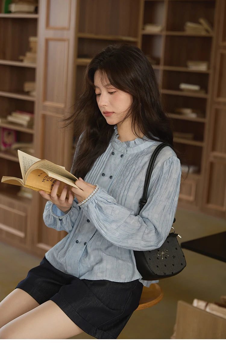 MISHOW Women's Shirt 2025 Autumn Blue Polka Dot Chiffon Loose Shirt Stand Collar Double Row Buckle Lantern Sleeve Top MXE41X1926