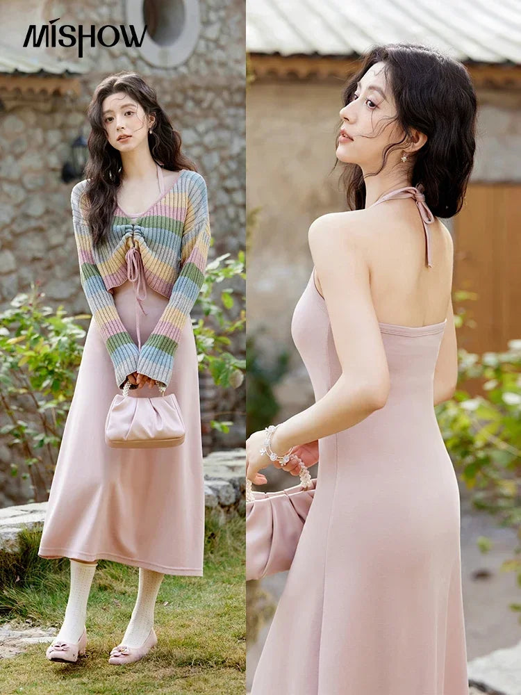 MISHOW Knitted Dress For Women Separately 2025 Spring New Fashion Sweet Vintage Colorful Striped Sweater Slim Dress MXE11L2086