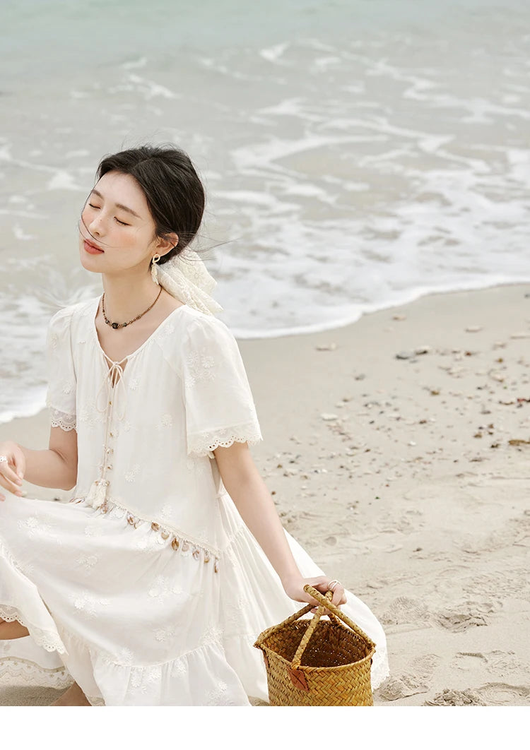 MISOHW Bohemian Solid Women's Summer Dress New 2025 Short Sleeve V-neck Shell Lace Midi Dresses for Woman Fashion MXE33L2195