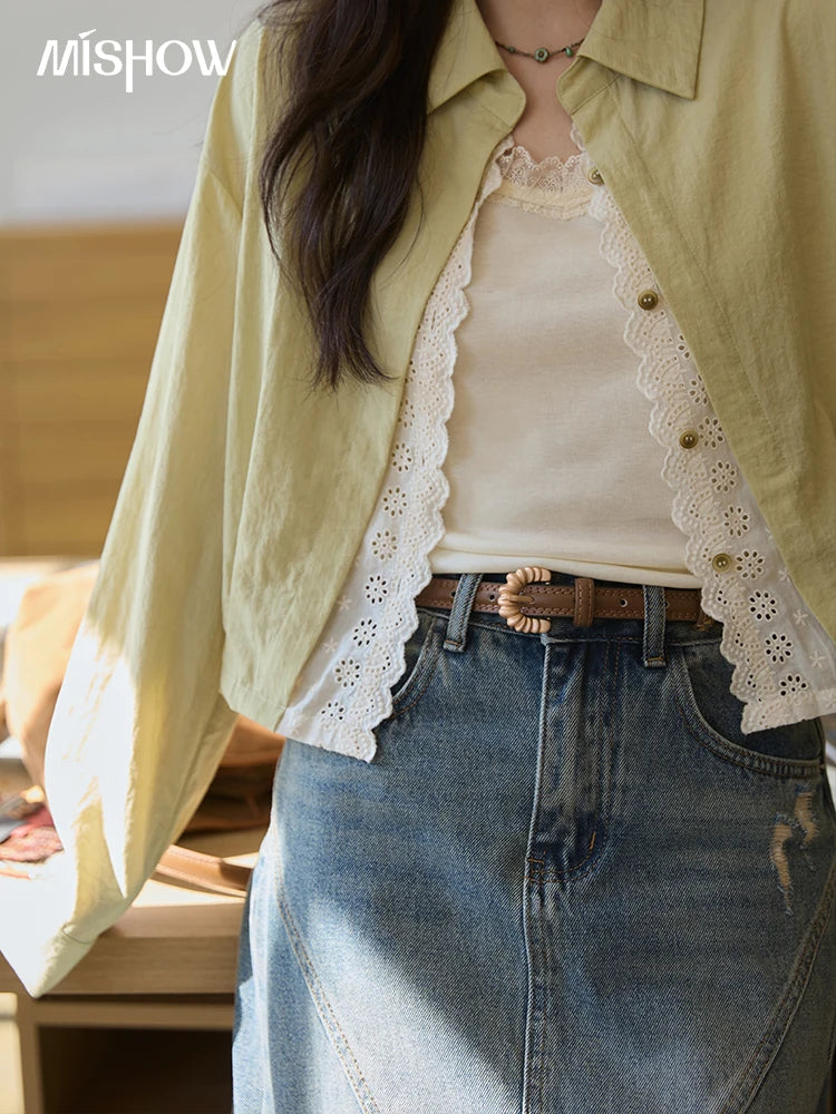 MISHOW Women's Top Green Fake Two Piece Shirt 2025 Autumn Lace Patchwork Lapel Shirts Rear Hem Elastic Short Shirt MXE41C2348