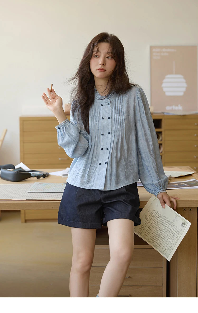 MISHOW Women's Shirt 2025 Autumn Blue Polka Dot Chiffon Loose Shirt Stand Collar Double Row Buckle Lantern Sleeve Top MXE41X1926