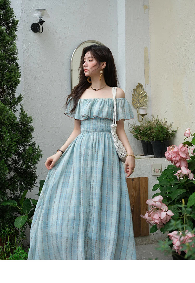 MISHOW Women's Fashion Slash Neck Chiffon Dress 2025 Ladies Elegant Vacation Striped French Dresses Female Clothing MXE39L2380