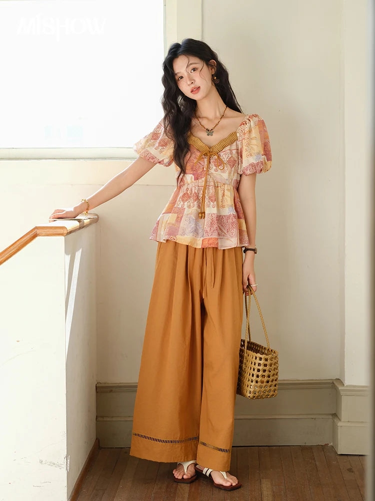 MISHOW V-neck Lace Up Patchwork Blouses for Woman 2025 Summer New Ladies Puff Sleeve Print Loose Top Female Clothing MXE38X1911