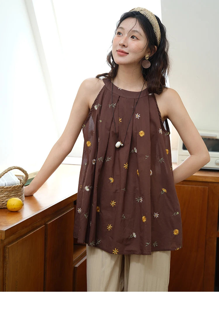 MISHOW Women's Two Piece Set 2025 Summer New Embroidery Hanging Neck Sleeveless Top Retro Khaki Wide Leg Pants Set MXE39T0713