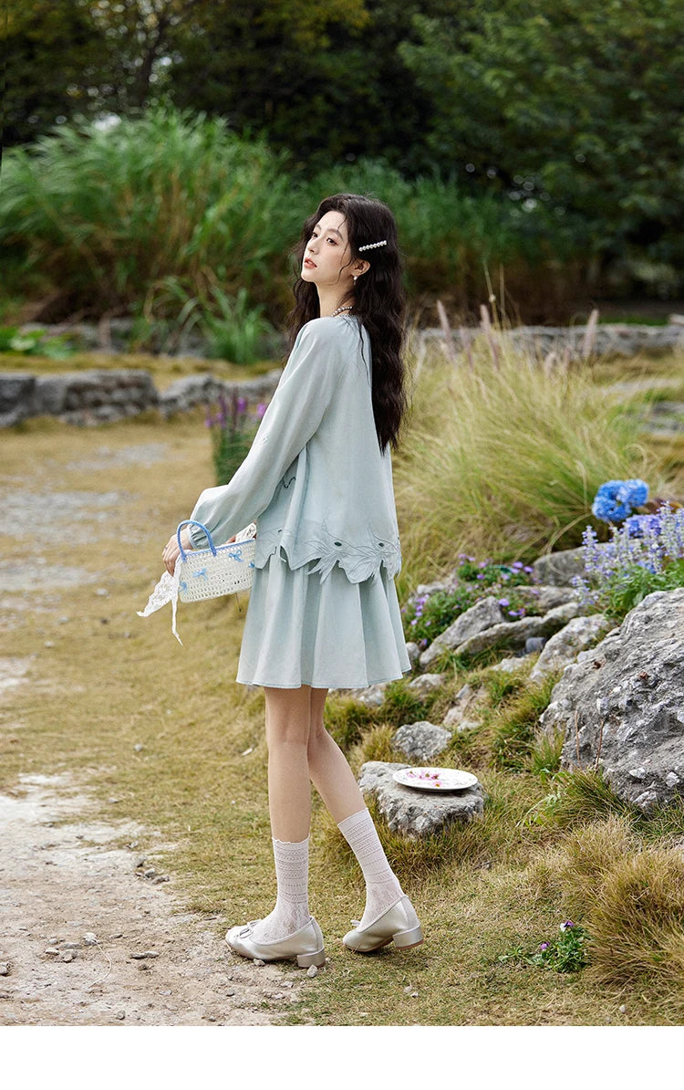 MISHOW Women's Sweet Blouses A-line Skirts Set Vintage Hollow Out Embroidery Loose Shirt Solid Skirt Two-piece Set MXE12T0455