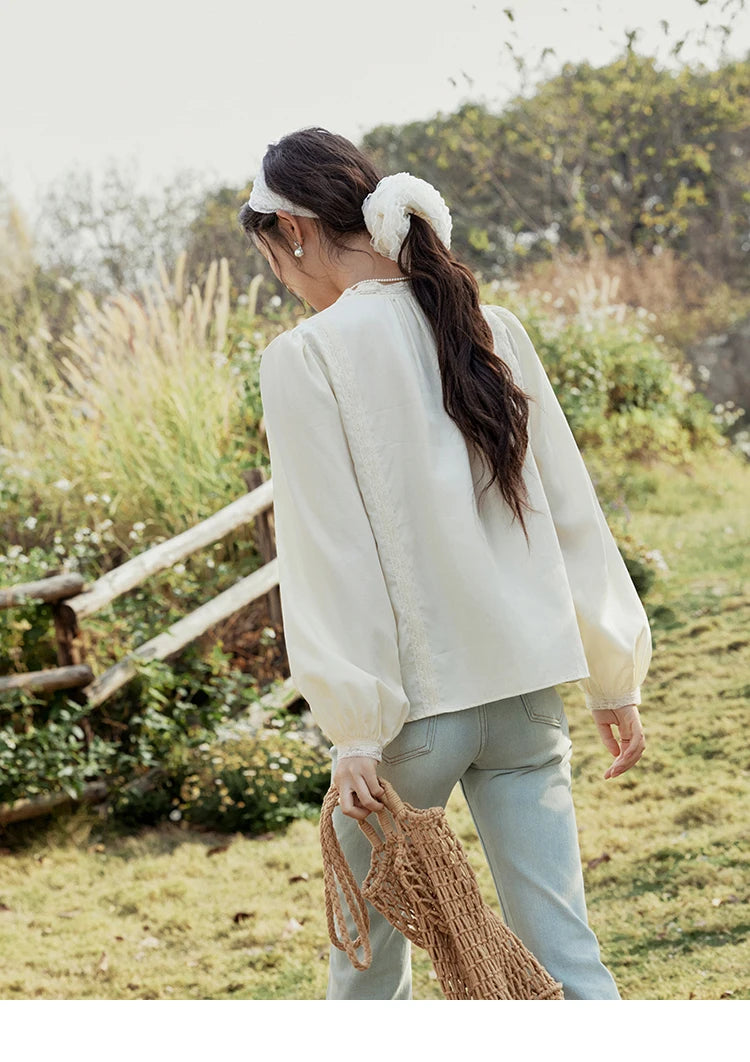 MISHOW Women's Lyocell Blouse 2025 Spring Summer Lace V-neck Commuting Top Puff Sleeve Solid Loose Blouse Office Lady MXE15X1735