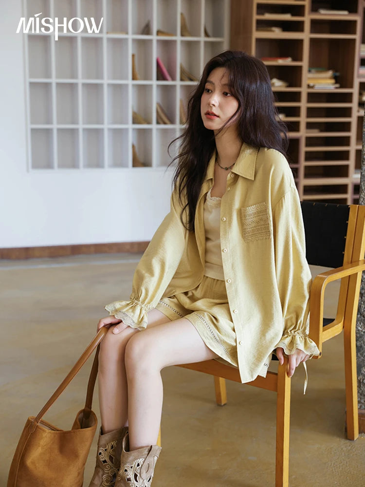 MISHOW Yellow Linen Three Piece Solid Splicing Lace Shirt Camisole Elastic Waist Shorts Vintage Hollowed Out Lace Set MXE42T0718