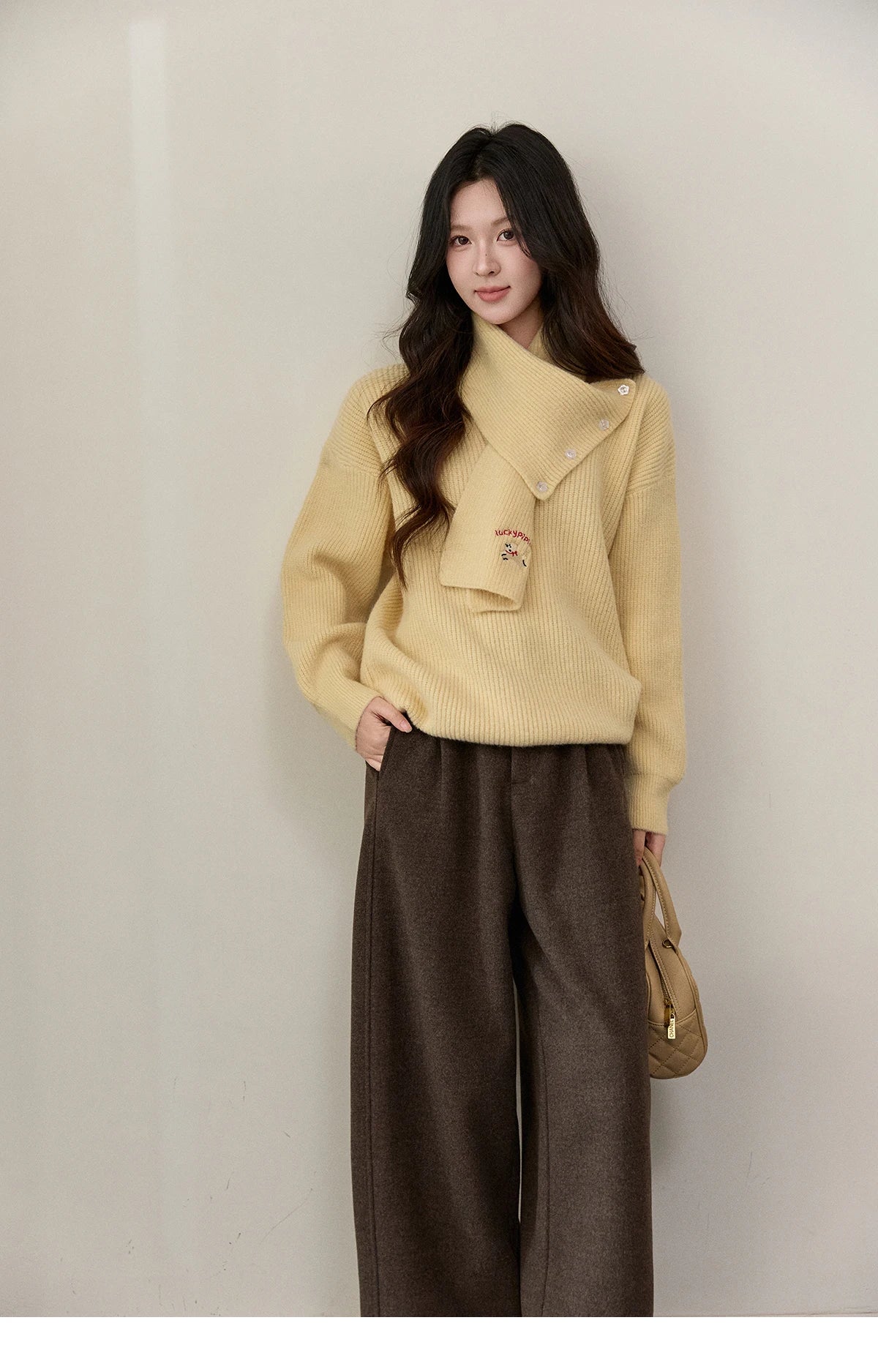 MISHOW Women's Yellow Sweater with Detachable Scarf 2025 Autumn Winter Loose Casual Warm Thickened Knit Pullover MXE93Z2953