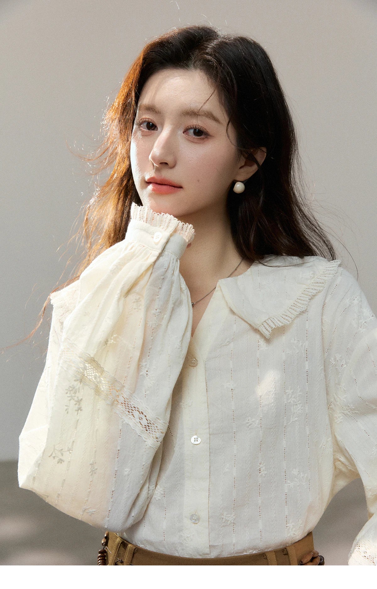 MISHOW Women's Beige Apricot Lace Shirts 2026 Spring Peter Pan Collar Micro Lantern Sleeves Top Casual Elegant Shirt MXF108C0813