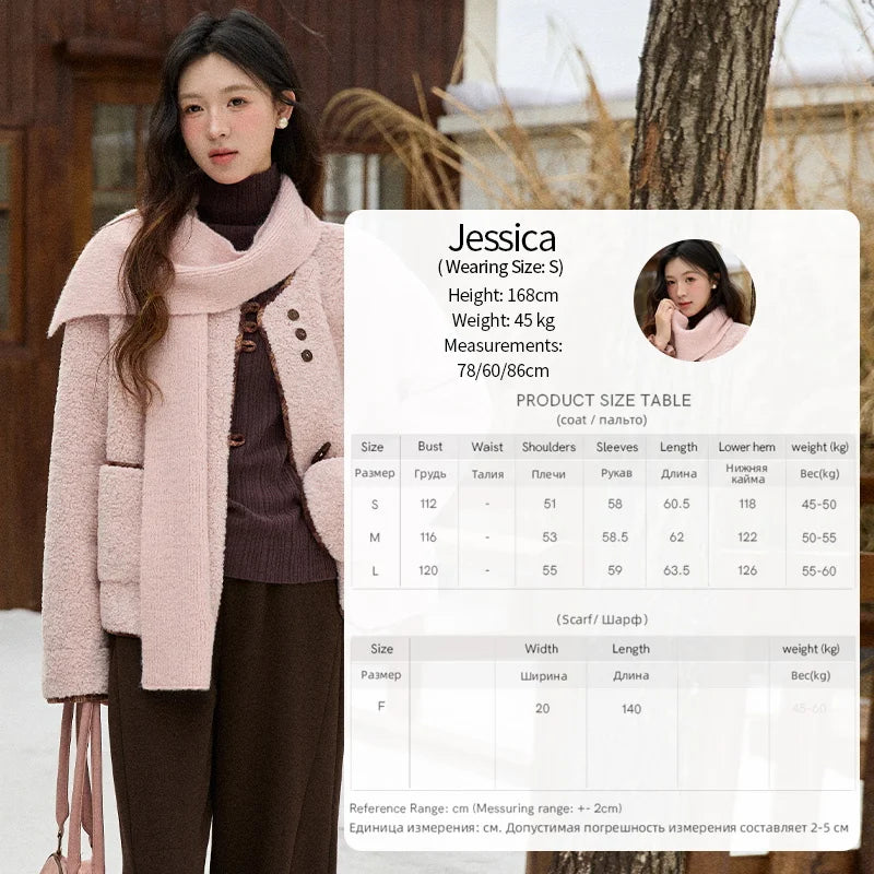 MISHOW Woman Plaid Patchwork Lamb Wool Coat 2025 Winter Round Neck Coat Commute Warm Loose Jacket （Without A Scarf）MXE90W0923