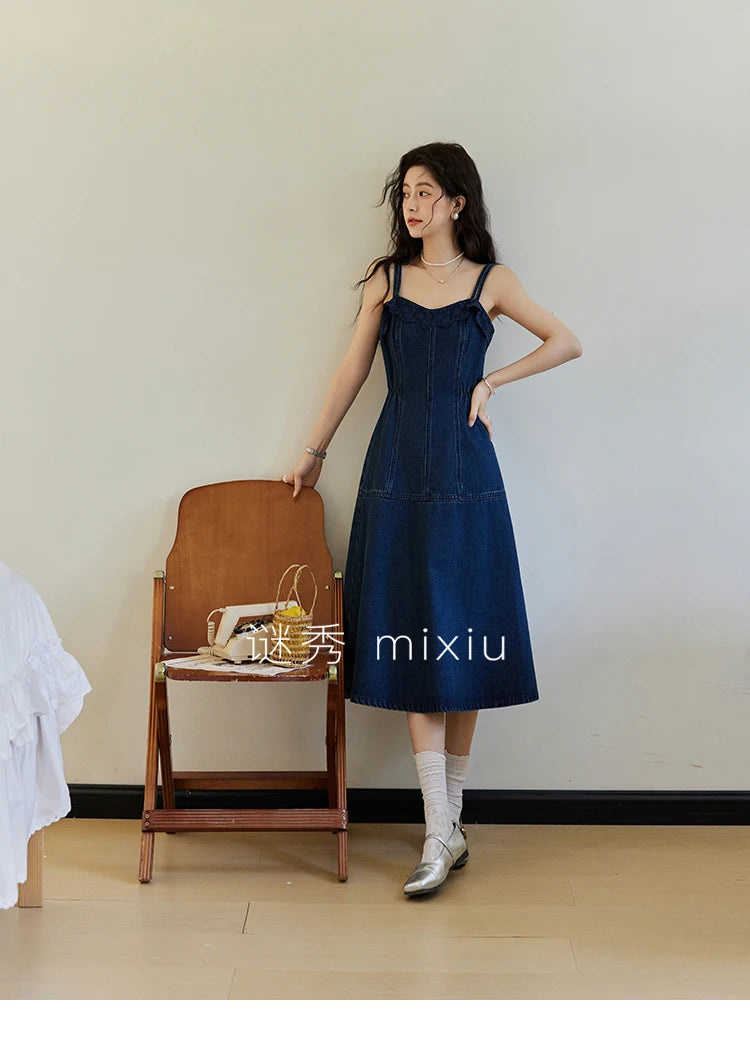 MISHOW Denim Camisole Dress Hollowed Out Cardigan Separately Spring Knitted Cardigan Lace Edge Waist Dress(Not A Set) MXE13L2094