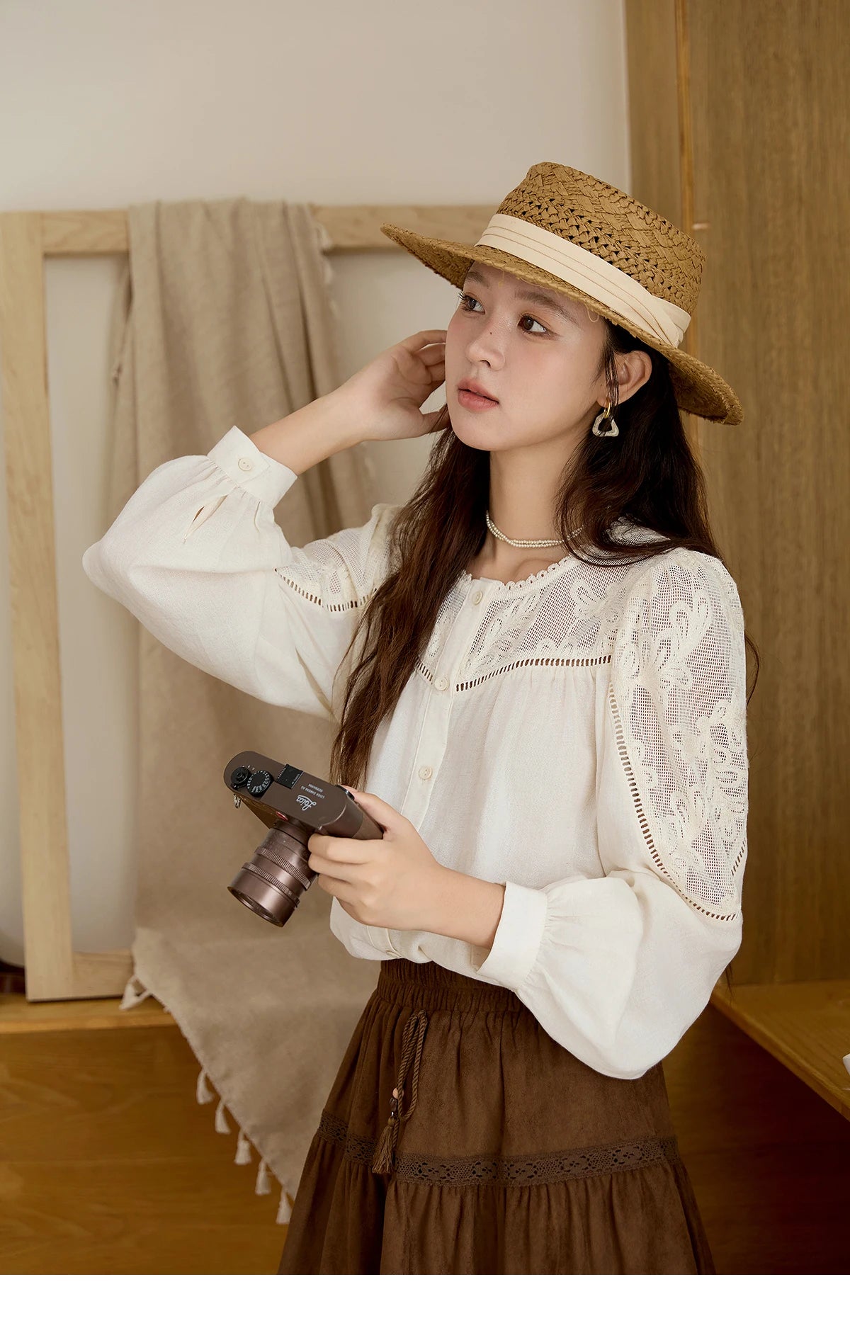 MISHOW Women's Beige Hollow Out Embroidery Shirt Autumn French Elegant Long Sleeve O-Neck Shirts Retro Commute Tops MXE44X2498