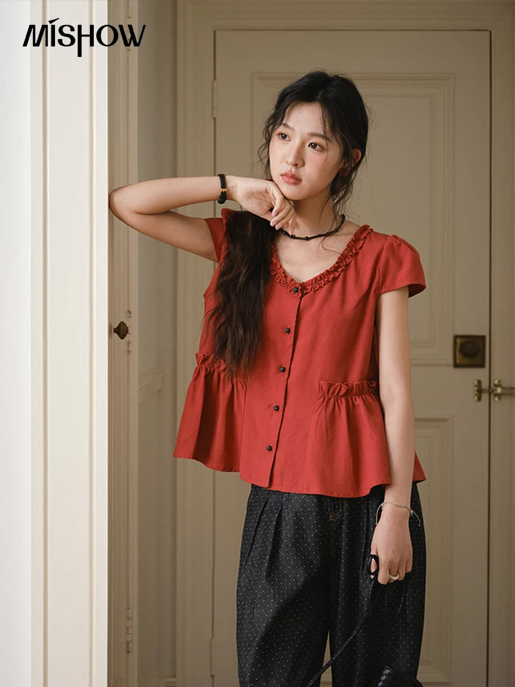 MISHOW Women's Summer Clothes 2025 Fashion Mushroom Edge V-neck Blouse Office Lady Casual Short Sleeve Button Top MXE38X1867