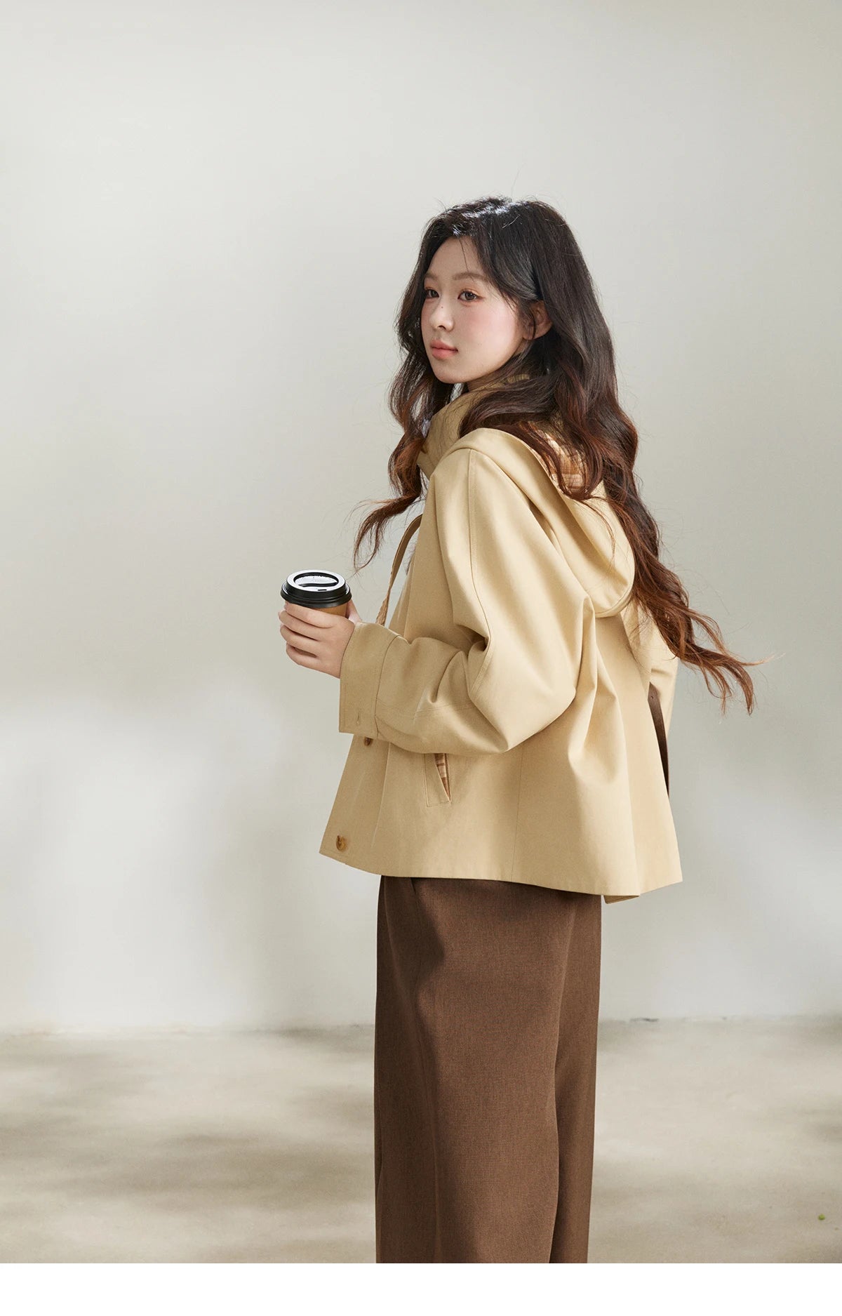 MISHOW Women's Khaki Cropped Trench Coat Spring Lapel Stand Collar Coats Removable Plaid Cap Casual Loose Jacket MXF108W1003