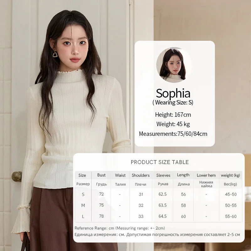 MISHOW Women's Long Sleeve Top 2025 Autumn New Casual Solid Turtleneck Slim Knit Wood Ear Edge Trumpet Sleeve Top MXE51Z2552