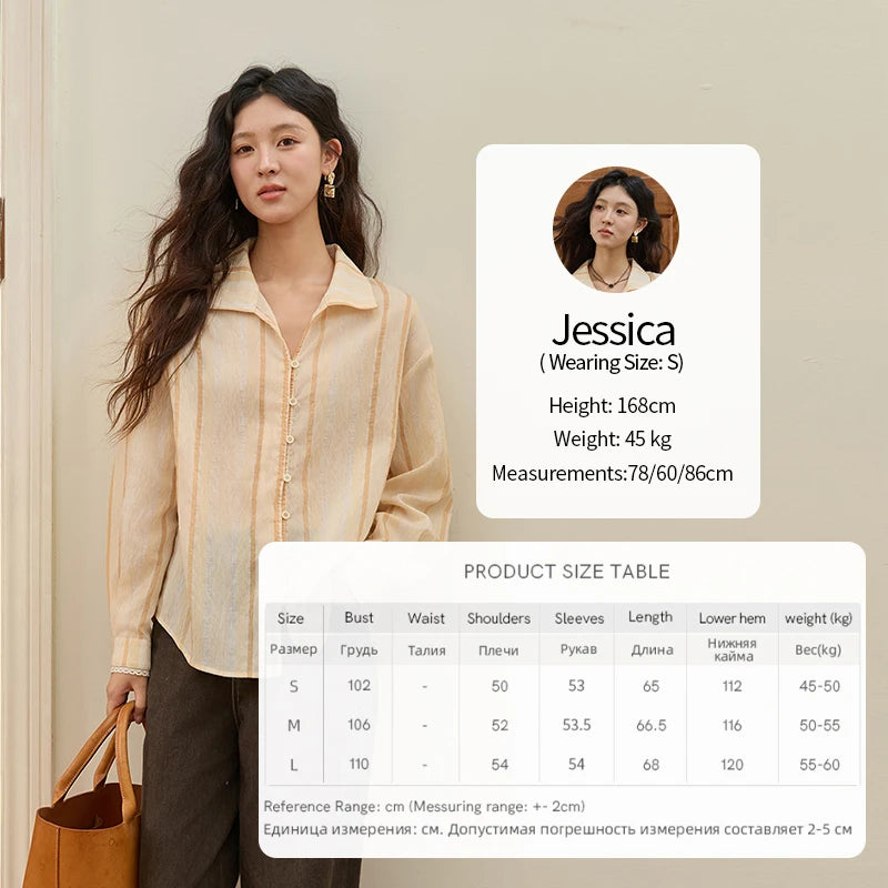 MISHOW Women's Korean Orange Stripe Linen Shirt 2025 Autumn Lapel Collar Lace Trim Cuffs Breathable Shirt Office Lady MXE43C2379