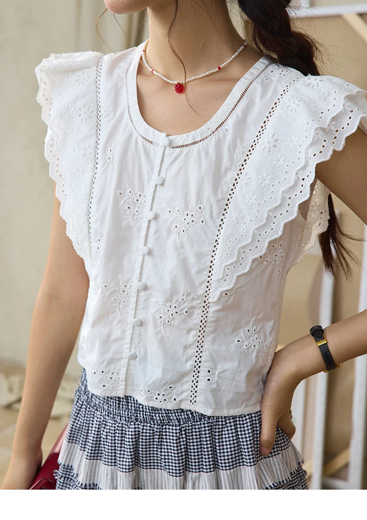 MISHOW Flying Sleeve Cotton Blouse Hollow Lace Slim Waist MXE36X1844