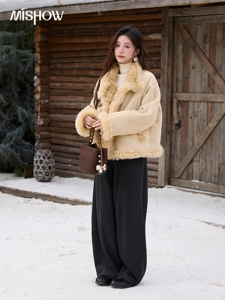 MISHOW Woman Yellow Jacket 2025 Warm Stand-up Collar Suede Coat Winter Shearling and Fur Trim Loose Thickened Coat MXE92W1017