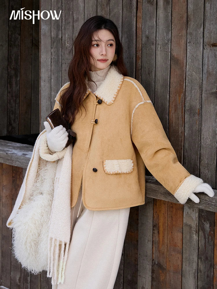 MISHOW Yellow Thickened Fur Integrated Suede Jacket for Women Winter 2025 Lapel Loose Warm Imitation Lamb Fur Jacket MXE92W1016