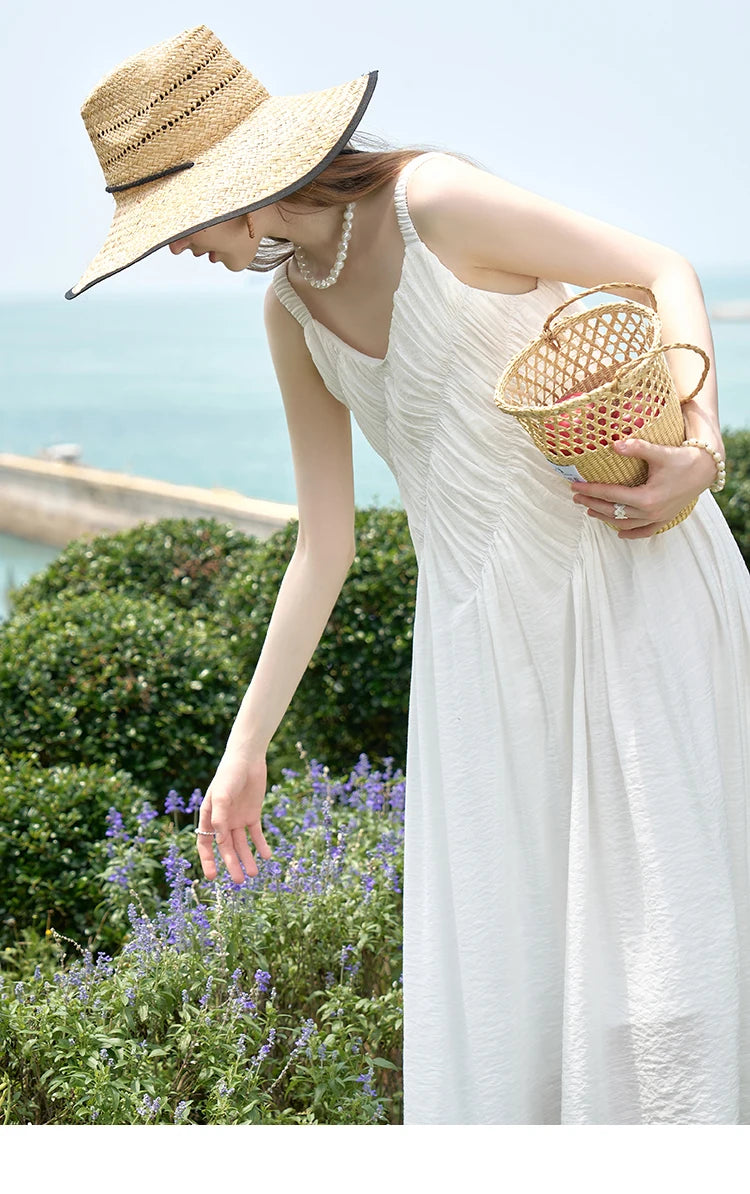 MISHOW French Retro Pleated Upper Suspender Dress for Women 2024 Summer Vacation Sleeveless Solid Mid Length Dresses MXD26L1939